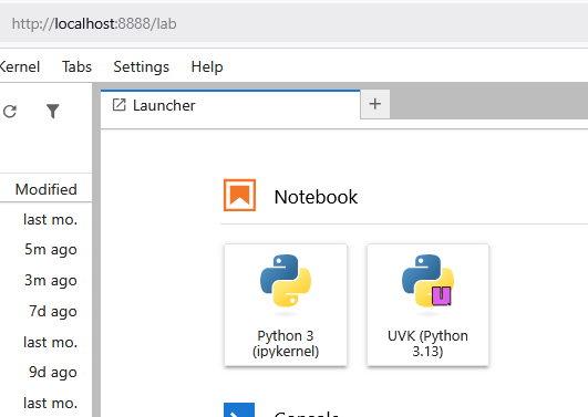 Screenshot of Jupyter Lab with uvk kernel